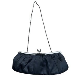 Vintage Black Satin Kiss Lock Evening Clutch Chain Strap Formal Bag